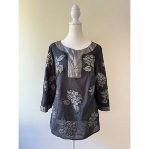 Nexx Black Womens M Floral Embroidered Patch Folk Boho Cotton V‎ Neck Tunic Top